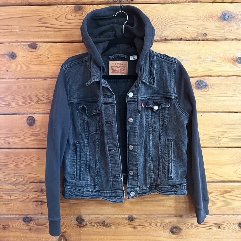 LEVIS Fit Hybrid Hooded Denim Trucker Hoodie Jean Jacket Black Size Large